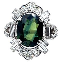 Art Deco Green Sapphire Diamond Platinum Ring