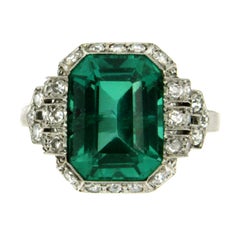 Art Deco Green Spinel Diamond Engagement Platinum Ring