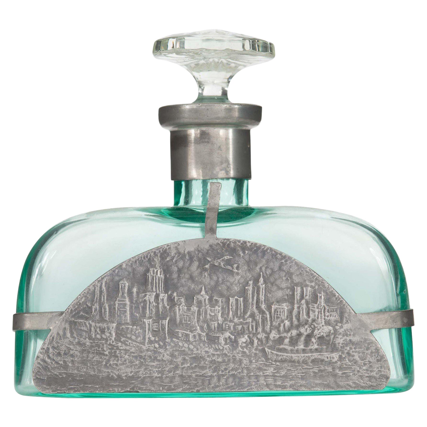 Art Deco Green Tinted Glass and Pewter Perfume Bottle For Sale