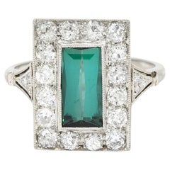 Art Deco Green Tourmaline 1.00 Carat Diamond Platinum Halo Cocktail Ring