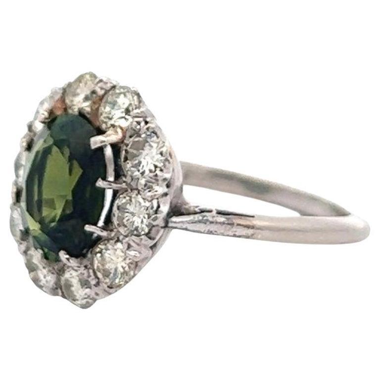 Women's or Men's Art Deco Green Tourmaline Diamond 18k White Gold Cluster Ring