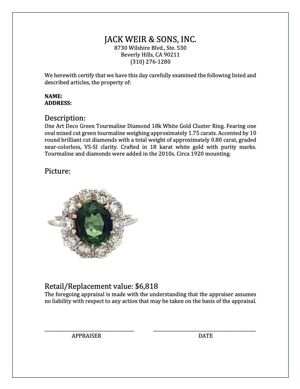 Art Deco Green Tourmaline Diamond 18k White Gold Cluster Ring 2