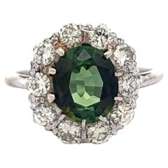 Antique Art Deco Green Tourmaline Diamond 18k White Gold Cluster Ring