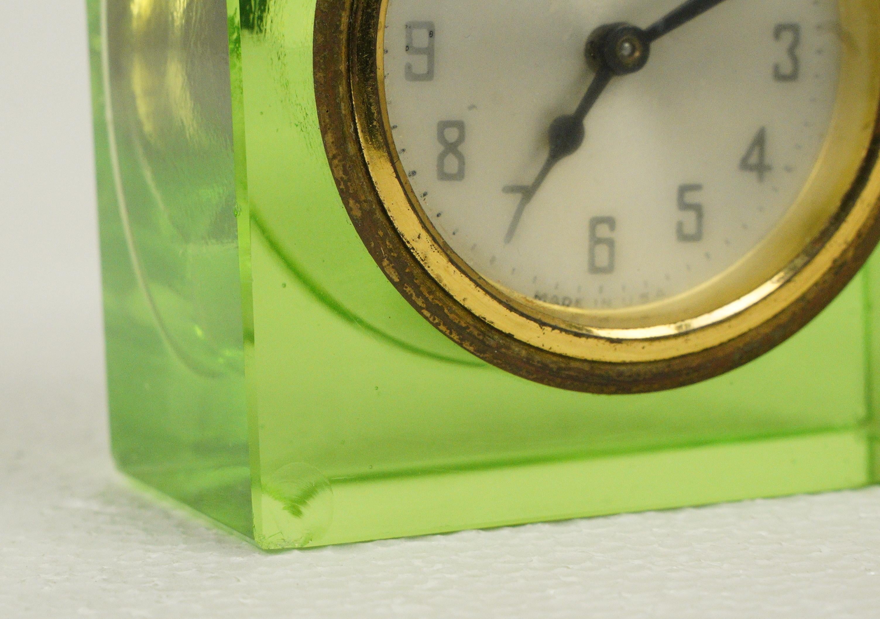 Brass Art Deco Green Uranium Glass Table Clock For Sale
