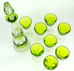 Art Deco Green Val Saint Lambert Liquor Service Decanter and Glasses