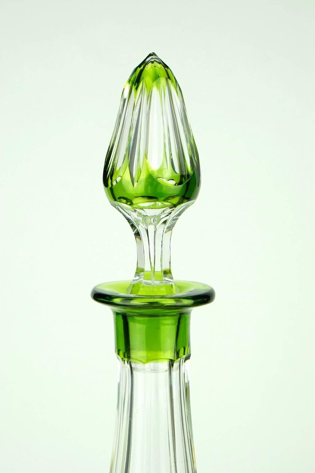 Belgian Art Deco Green Val Saint Lambert Liquor Service Decanter and Glasses For Sale