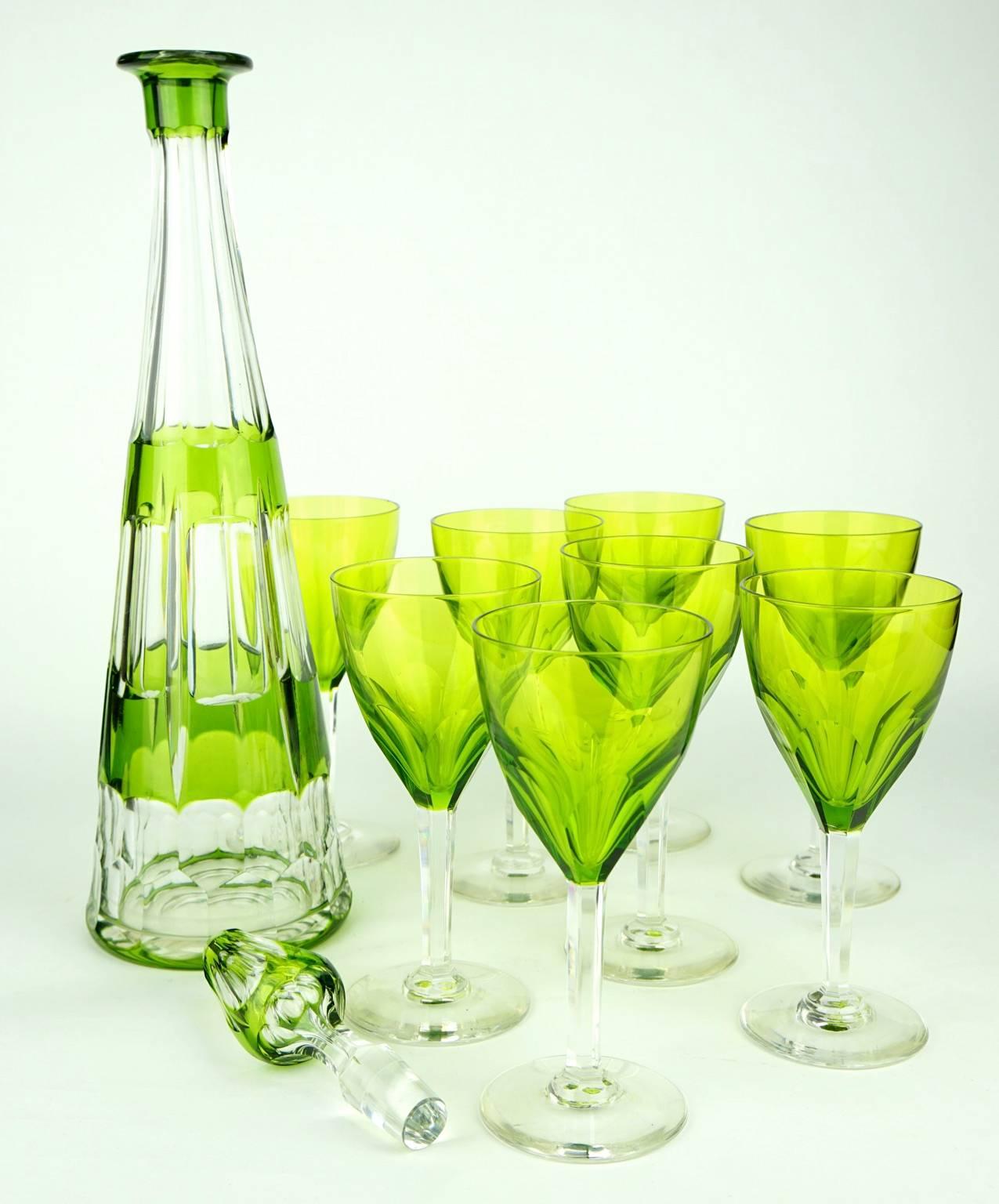 Cut Glass Art Deco Green Val Saint Lambert Liquor Service Decanter and Glasses For Sale