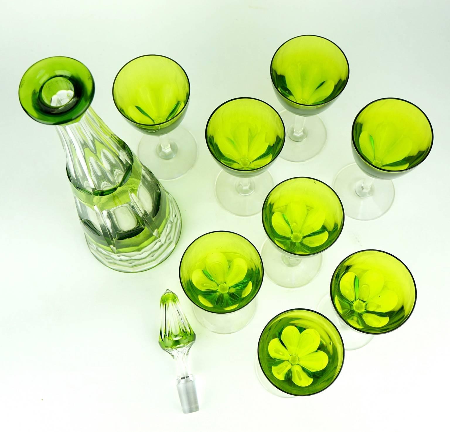 Art Deco Green Val Saint Lambert Liquor Service Decanter and Glasses For Sale 1