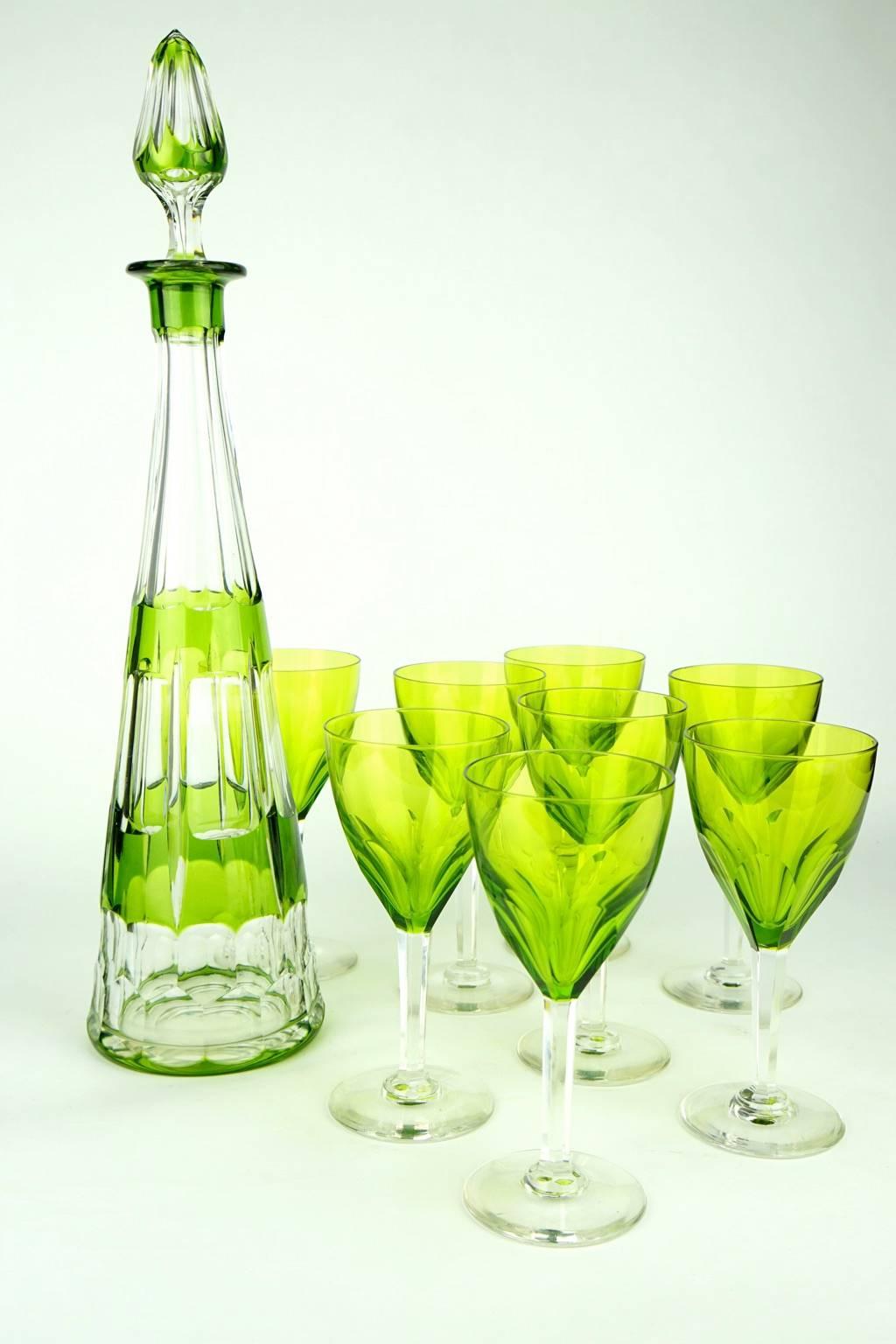 Art Deco Green Val Saint Lambert Liquor Service Decanter and Glasses For Sale 2