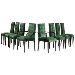 Antique Art Deco Green Velvet and Black Lacquered Legs Set of Chairs and Armchairs