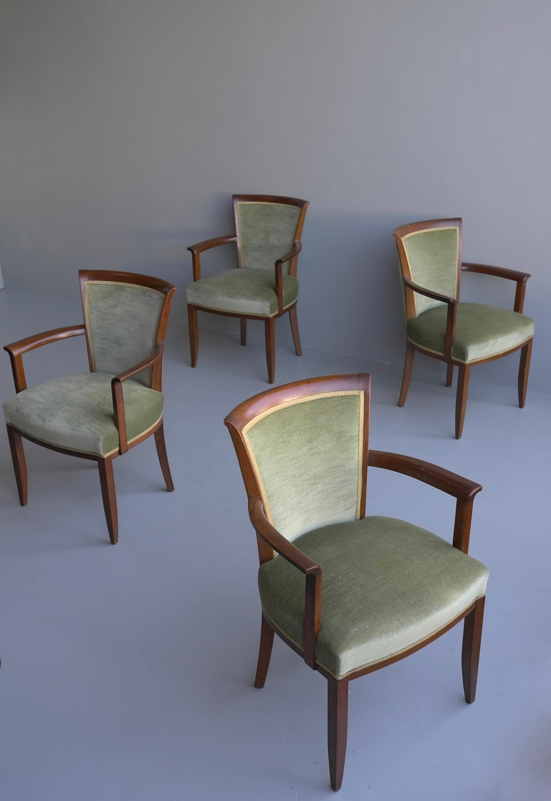 Dutch Art Deco Green Velvet Dining Room Chairs by H. Pander & Zonen Netherlands, 1930s For Sale