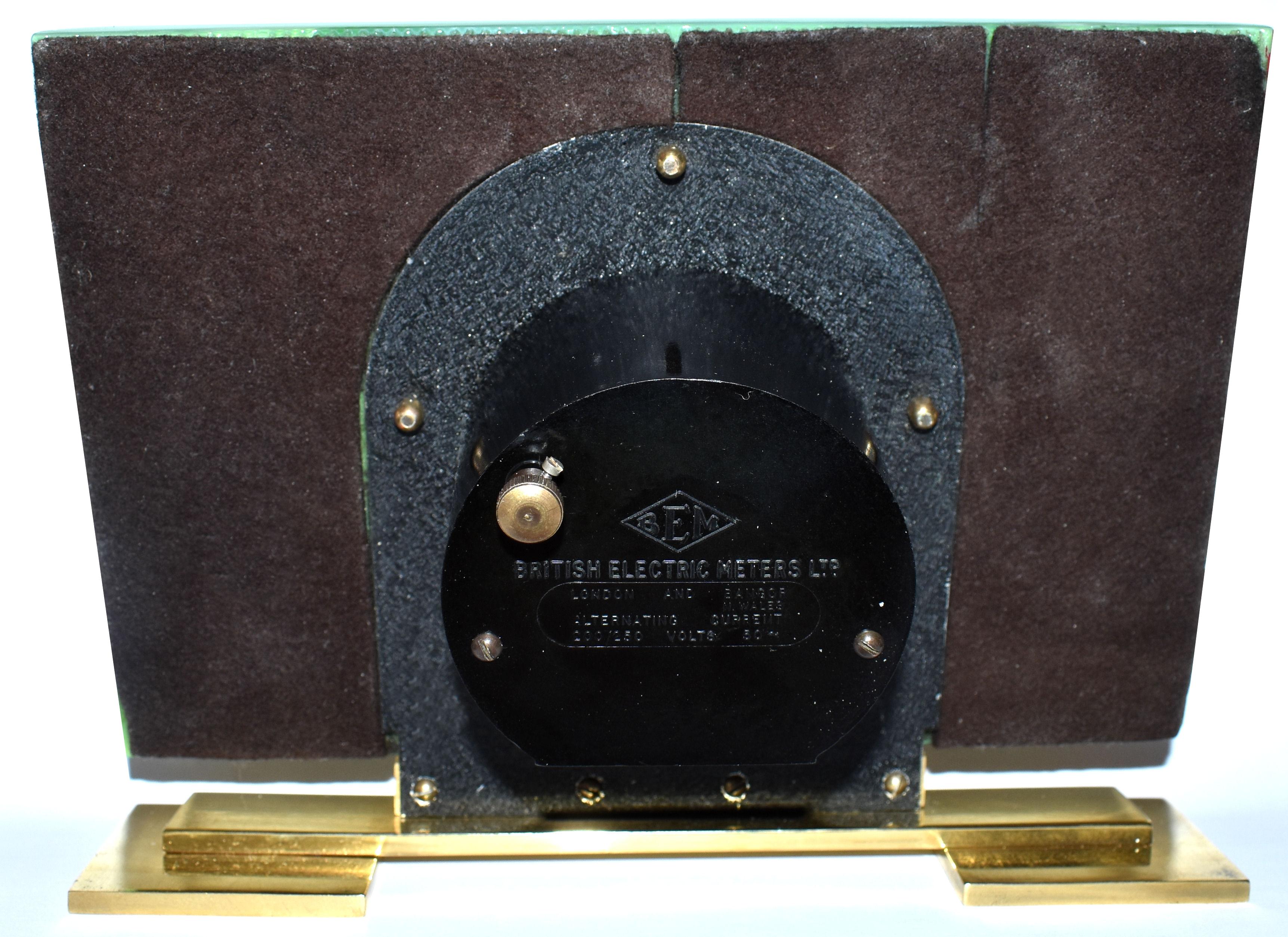 English Art Deco Green Vitrolite Mantle Clock by British Electric Meters Ltd.