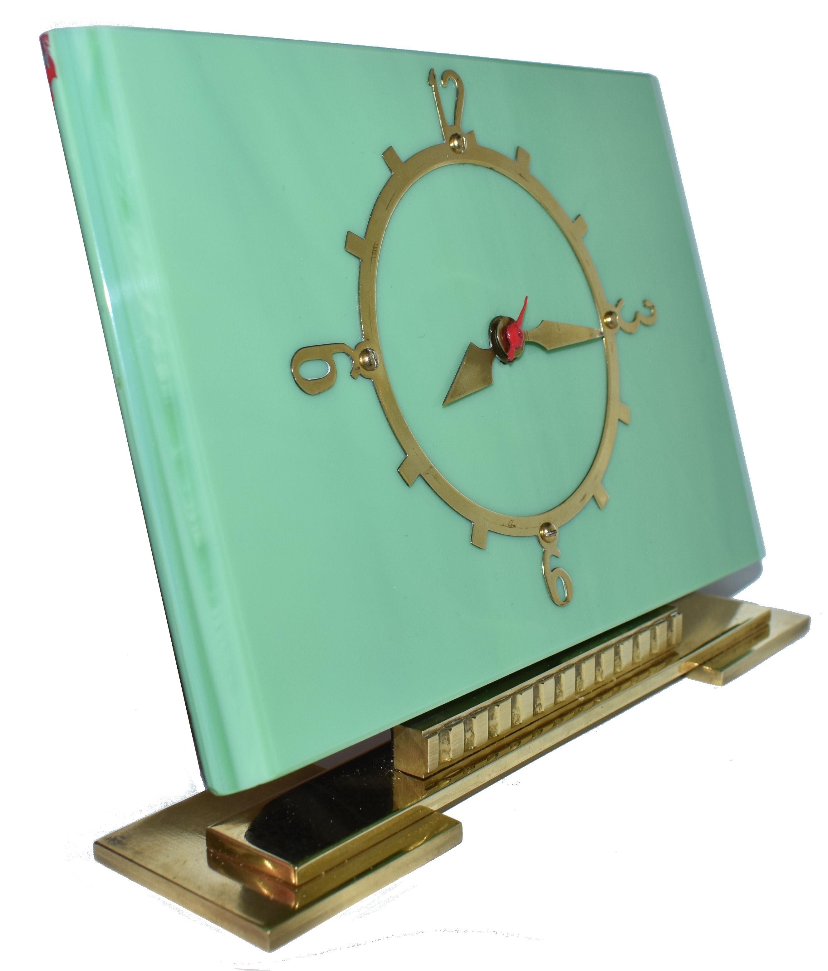Brass Art Deco Green Vitrolite Mantle Clock by British Electric Meters Ltd.