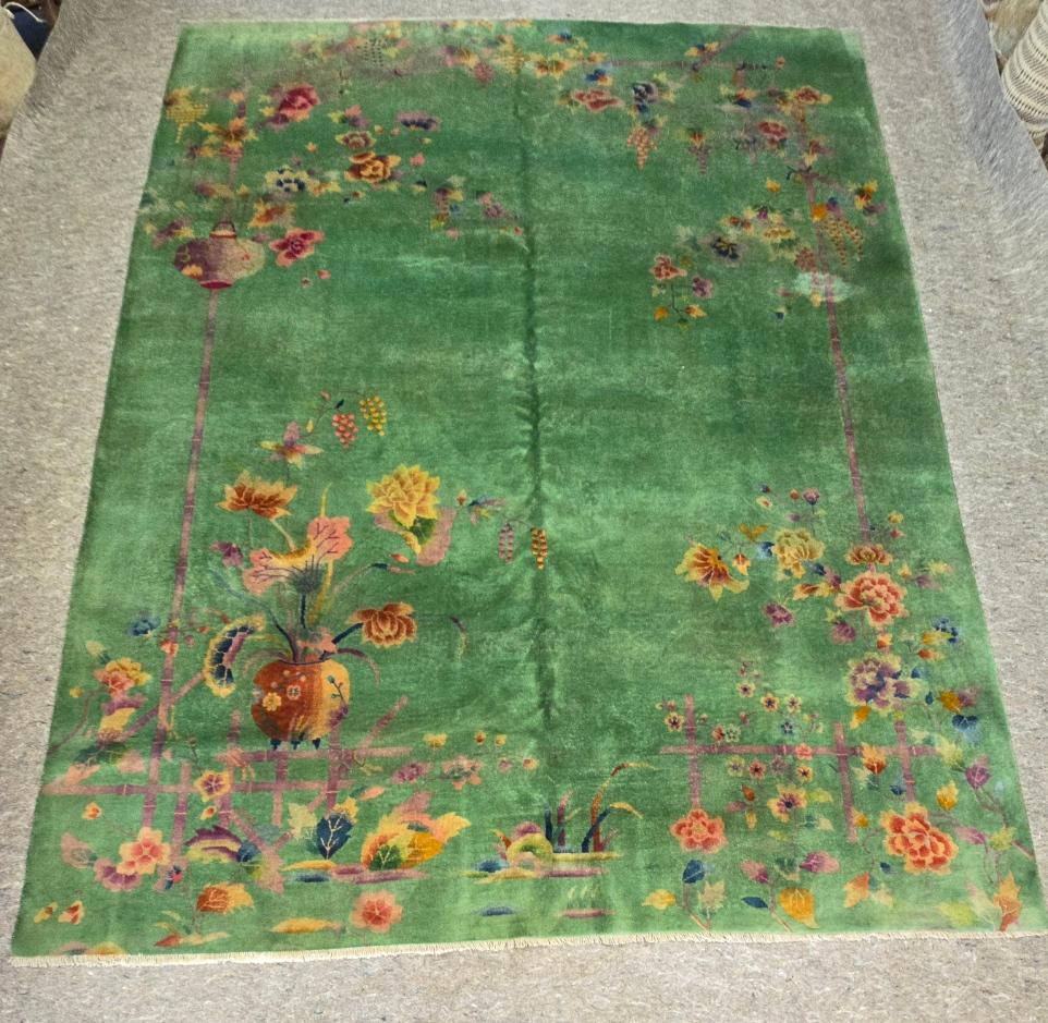 Art Deco Green Wool Nichols Chinese Rug Circa 1920s In Excellent Condition In Los Angeles, CA