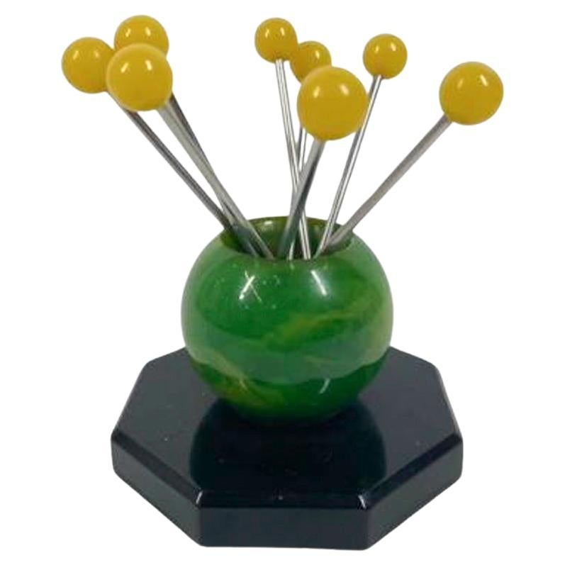 Art Deco Green & Yellow Swirl Bakelite Ball w/8 Yellow Ball Top Cocktail Picks