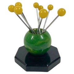 Art Deco Green & Yellow Swirl Bakelite Ball w/8 Yellow Ball Top Cocktail Picks