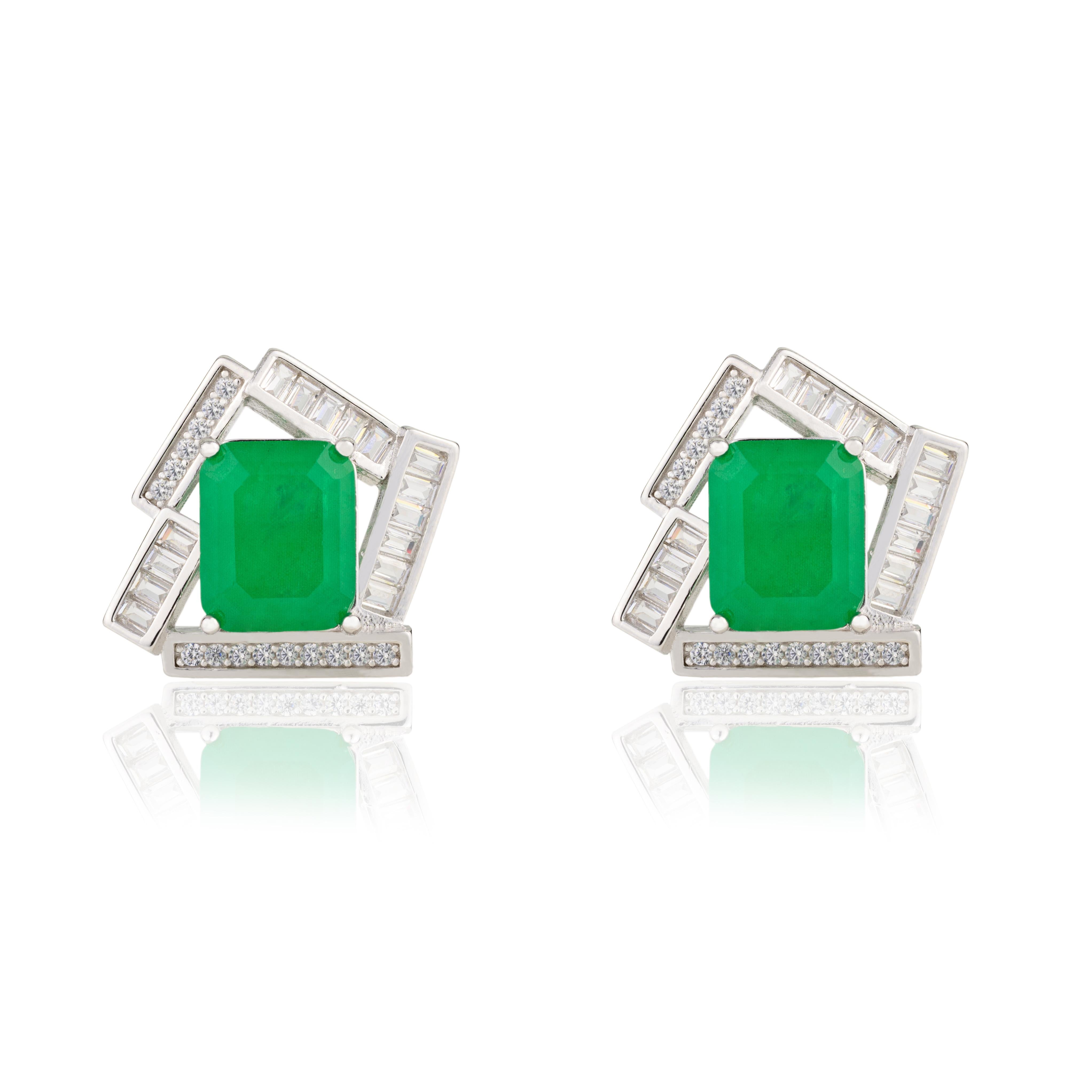 Modernist Art Deco Style Green Zircon Stud Earrings Gift for Women in 925 Sterling Silver For Sale