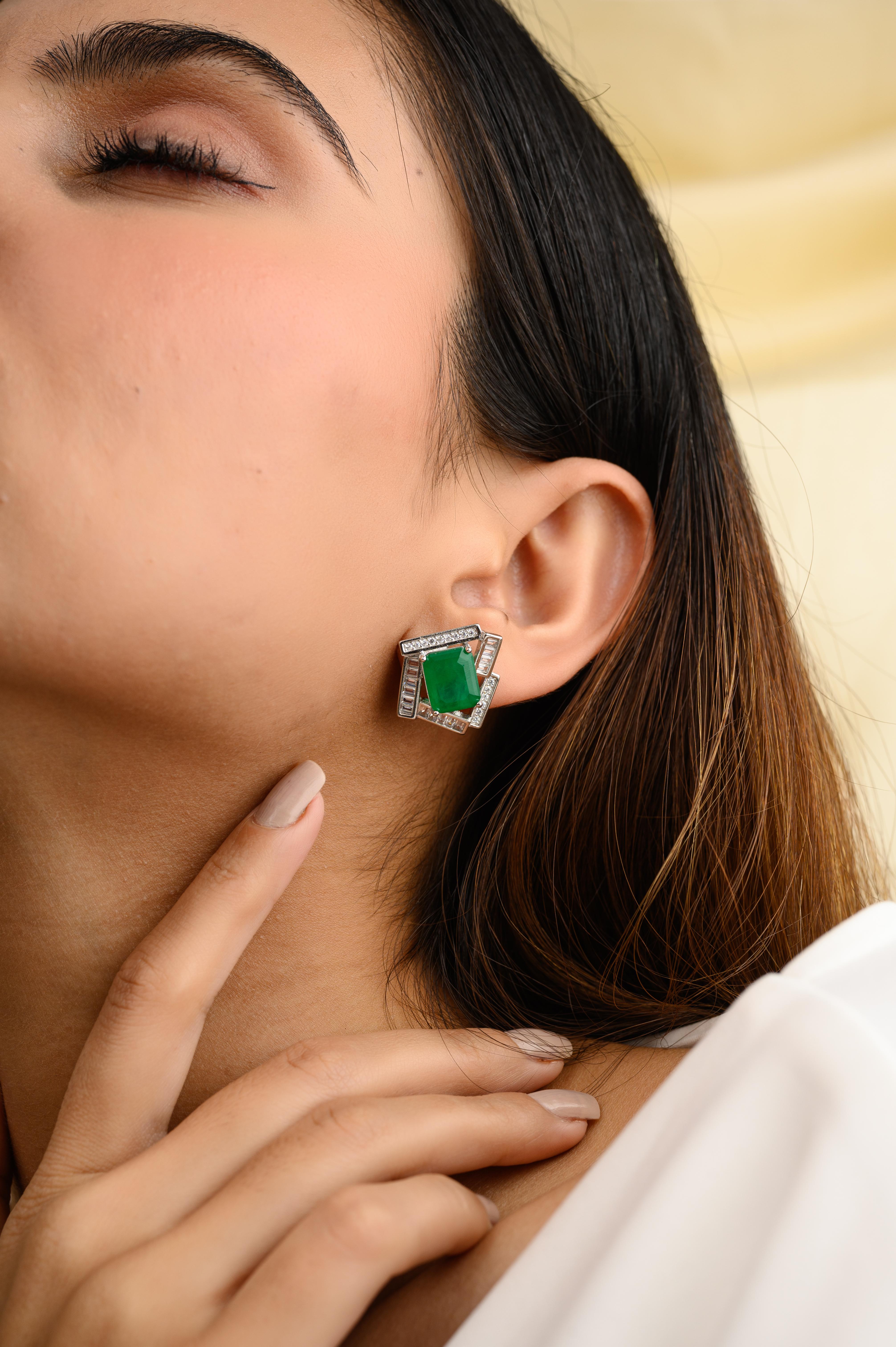 Octagon Cut Art Deco Style Green Zircon Stud Earrings Gift for Women in 925 Sterling Silver For Sale