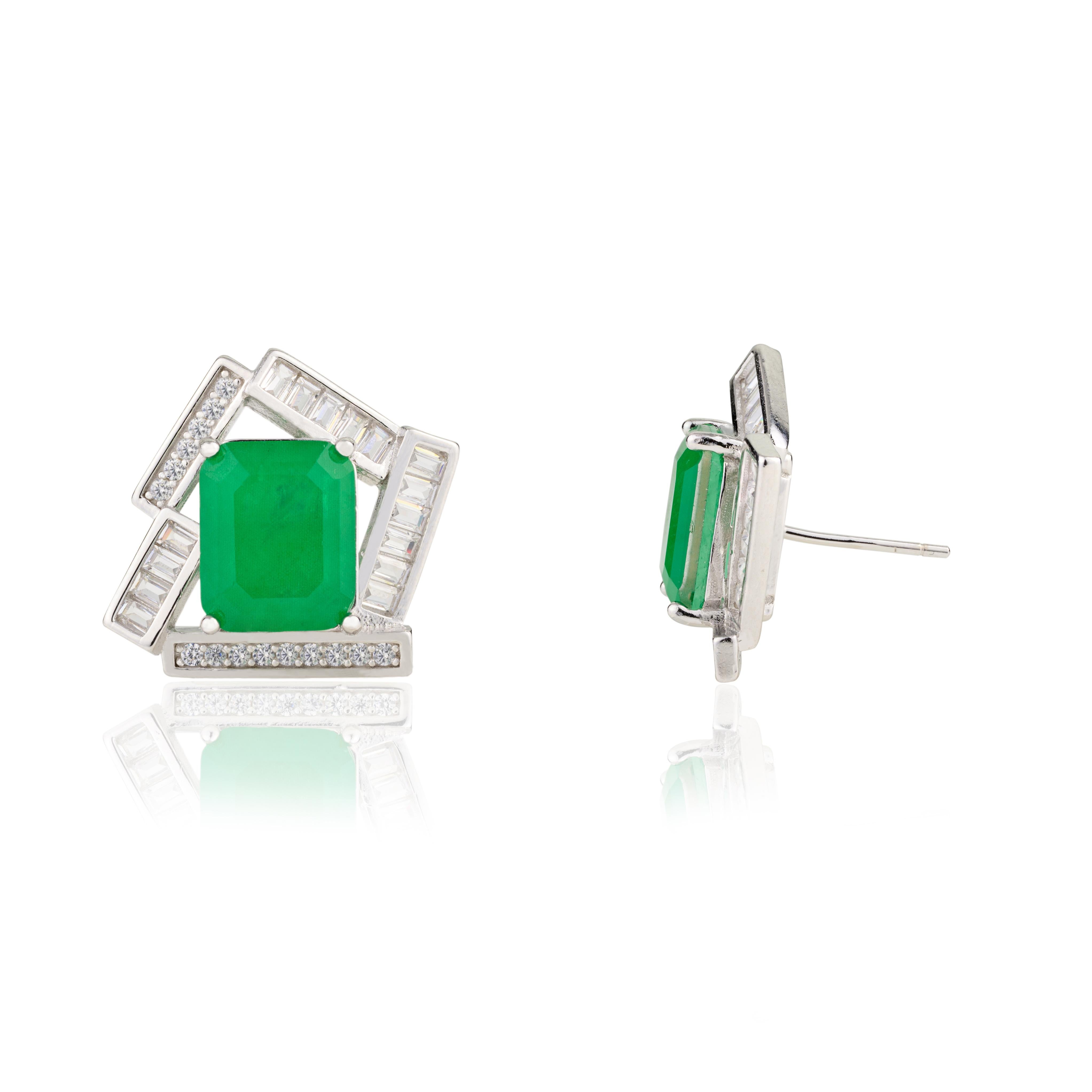 Art Deco Style Green Zircon Stud Earrings Gift for Women in 925 Sterling Silver For Sale 1