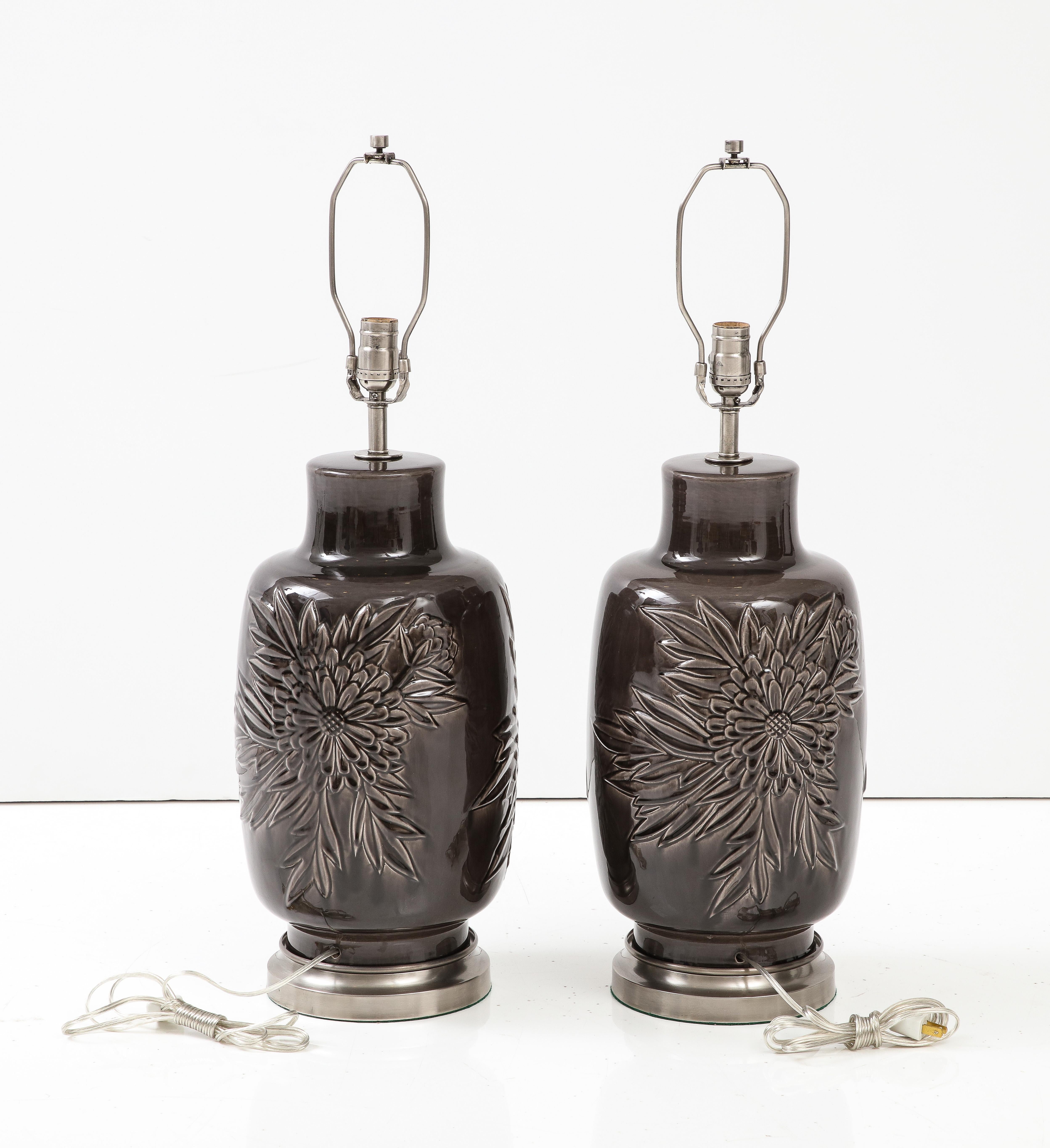 French Art Deco Grey Chrysanthemum Lamps For Sale