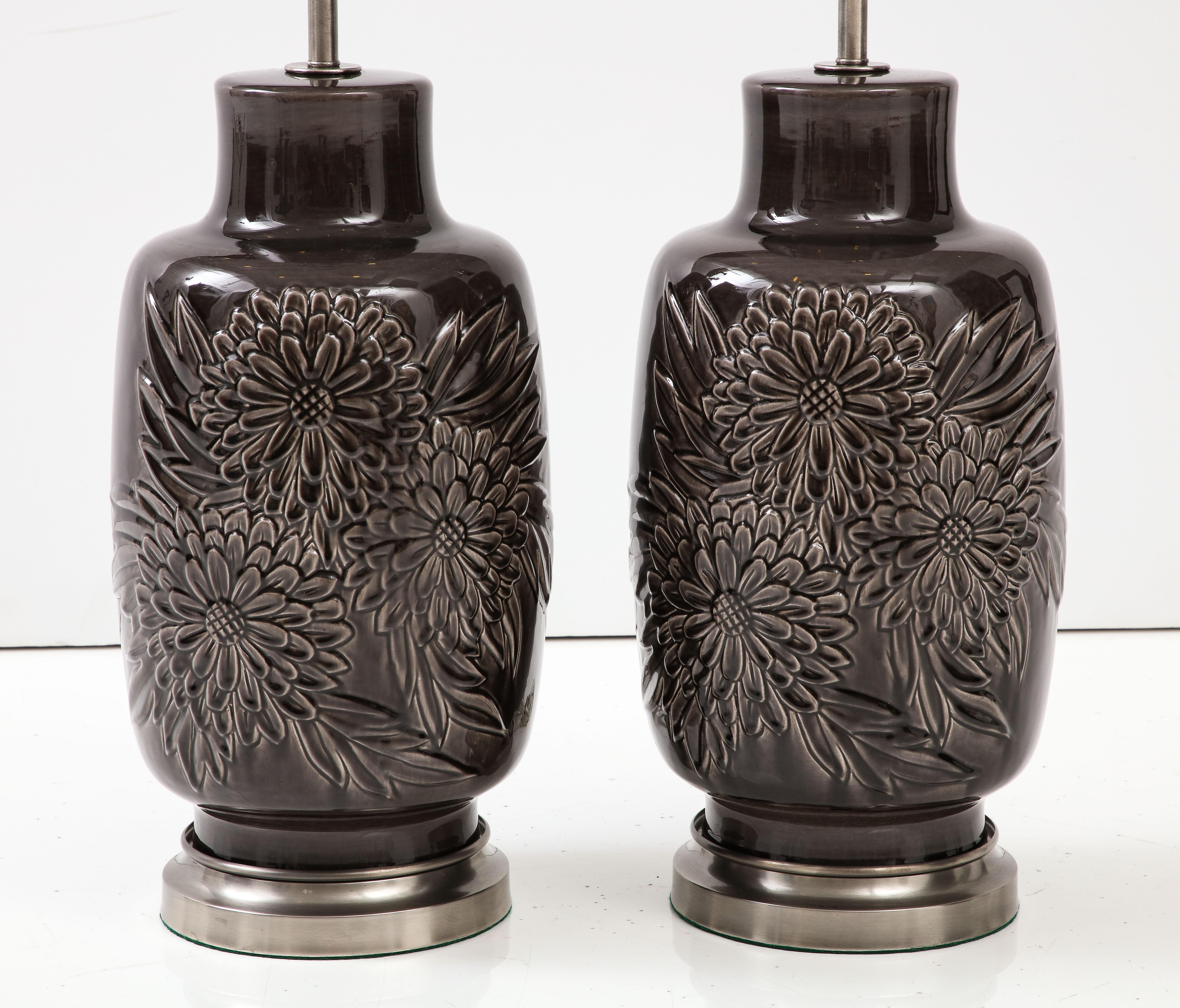 Porcelain Art Deco Grey Chrysanthemum Lamps For Sale
