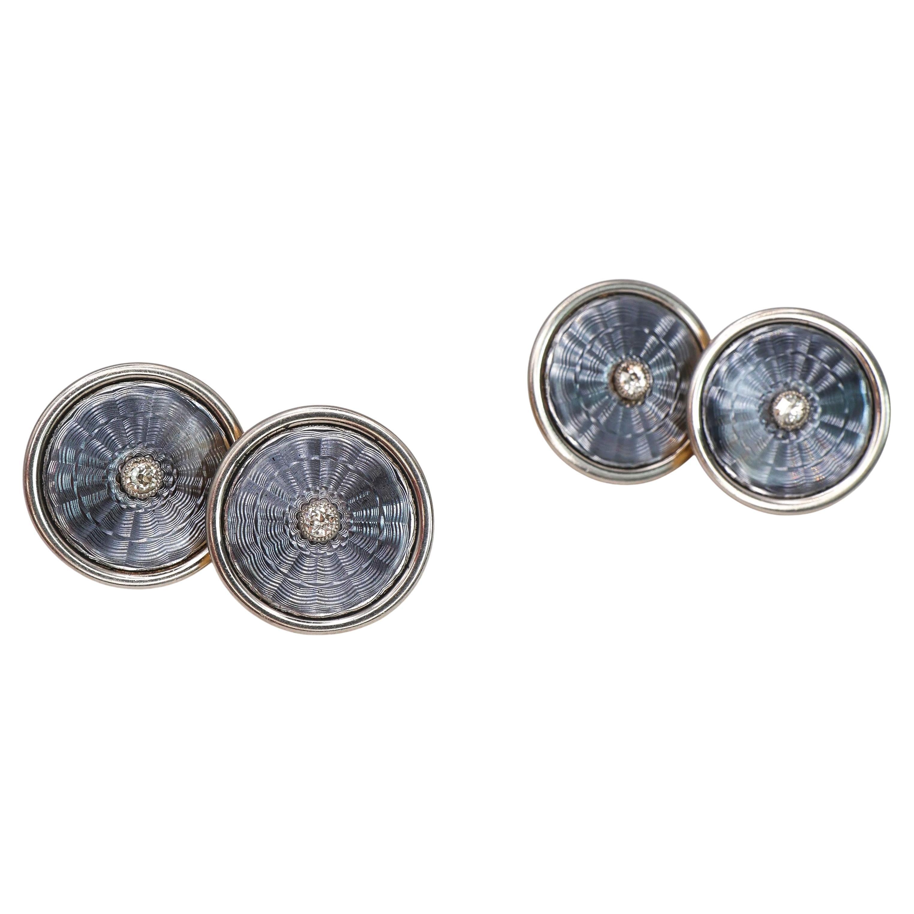 Boutons de manchette Art déco en émail gris, diamants, platine et or, vers 1930