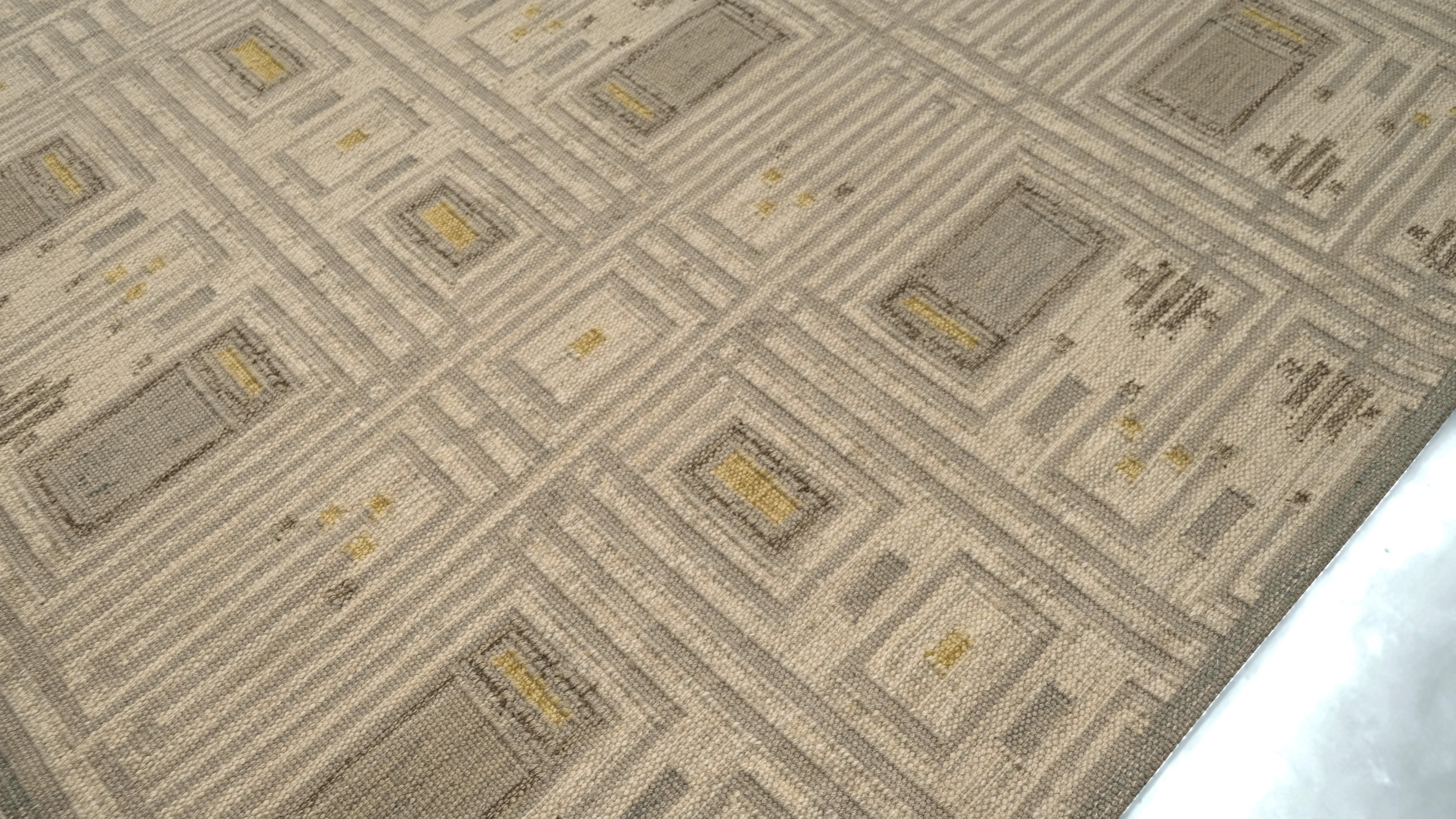 Art Déco Tappeto Art Deco in lana grigio, avorio e giallo a tessitura piatta 9'2''x11'9'' in vendita