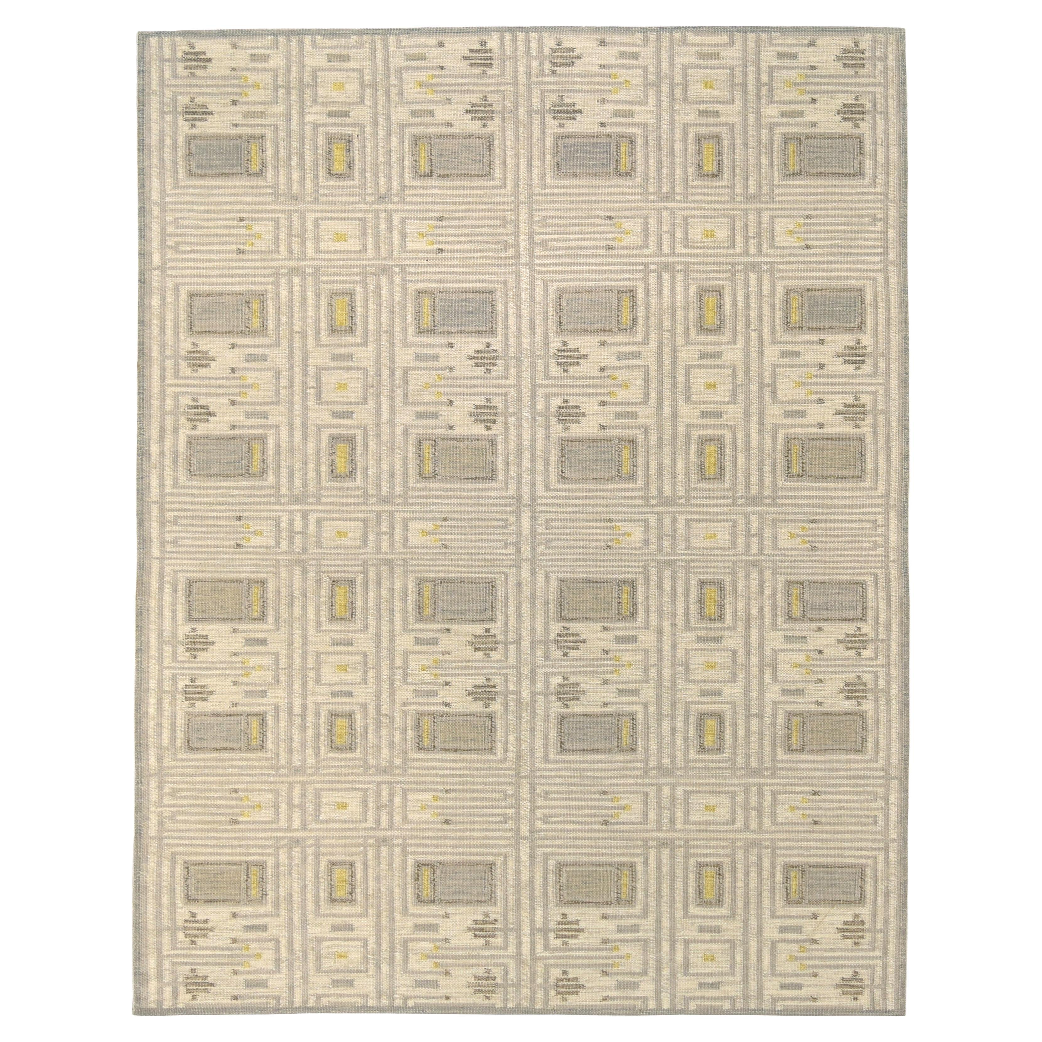 Art Deco Grey, Ivory and Yellow Wool Flatweave Rug 9'2''x11'9''