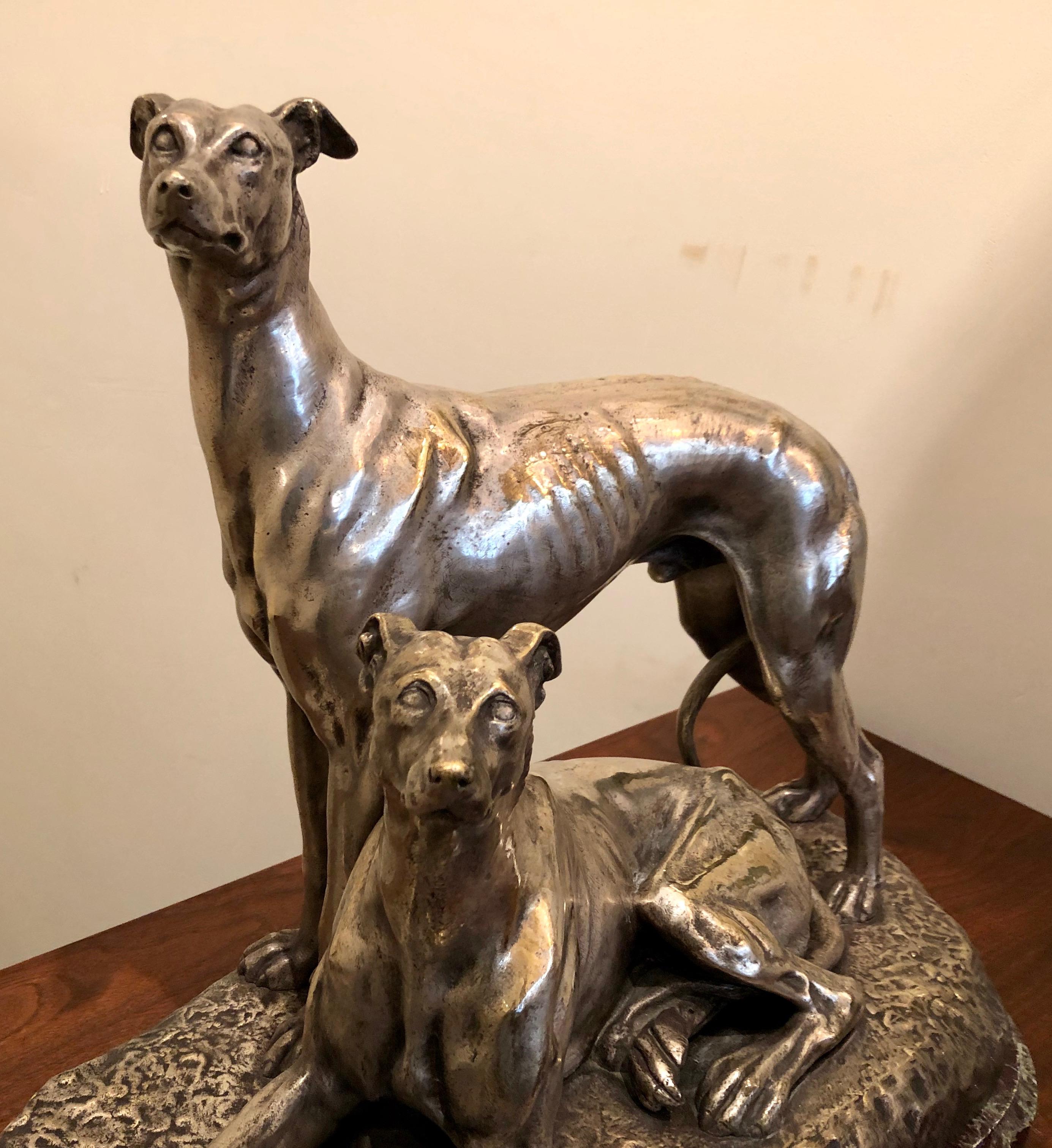 French Art Deco Greyhound Dogs Bronze Sculpture by S. Bizard