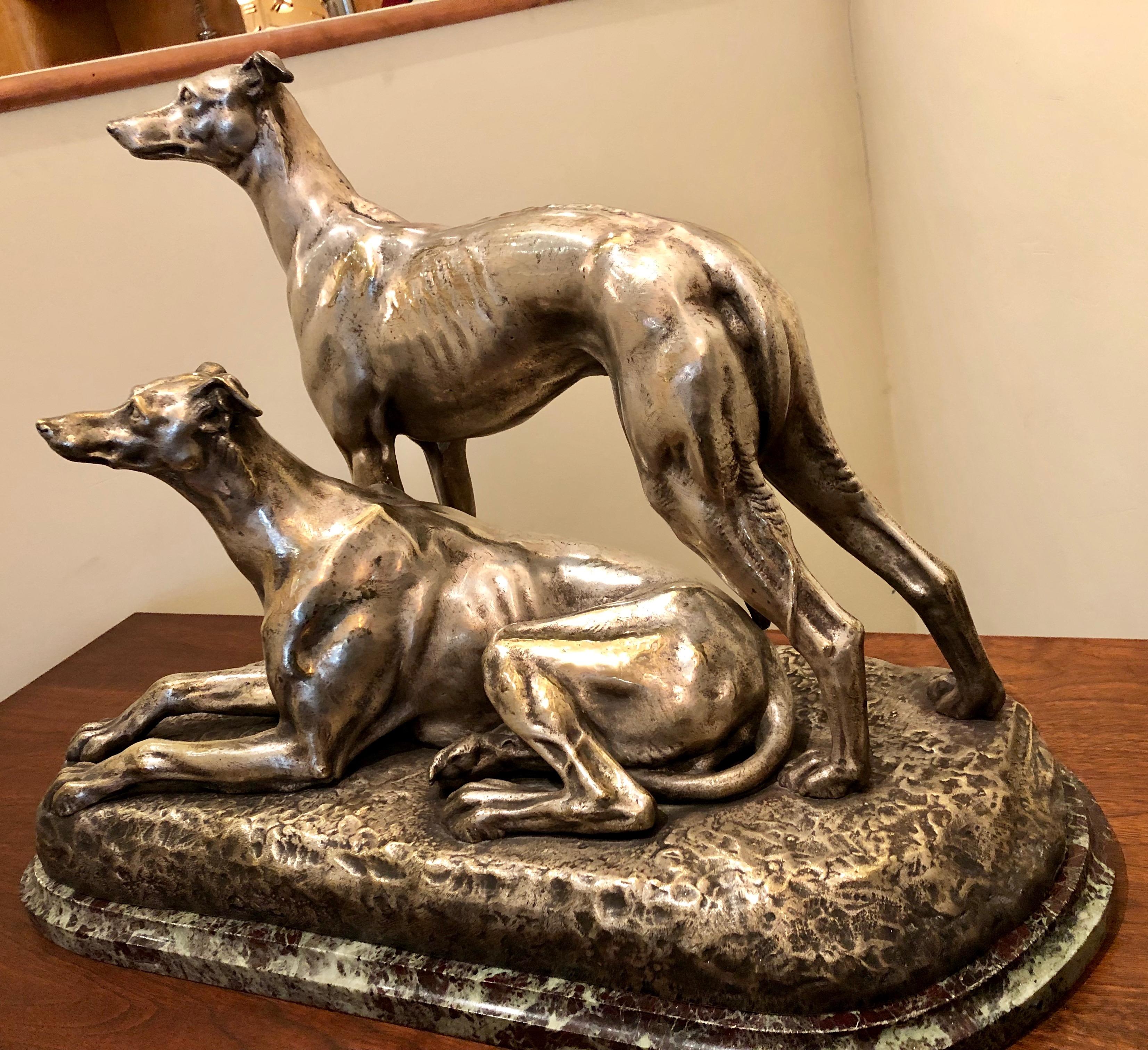 Art Deco Greyhound Dogs Bronze Sculpture by S. Bizard 3