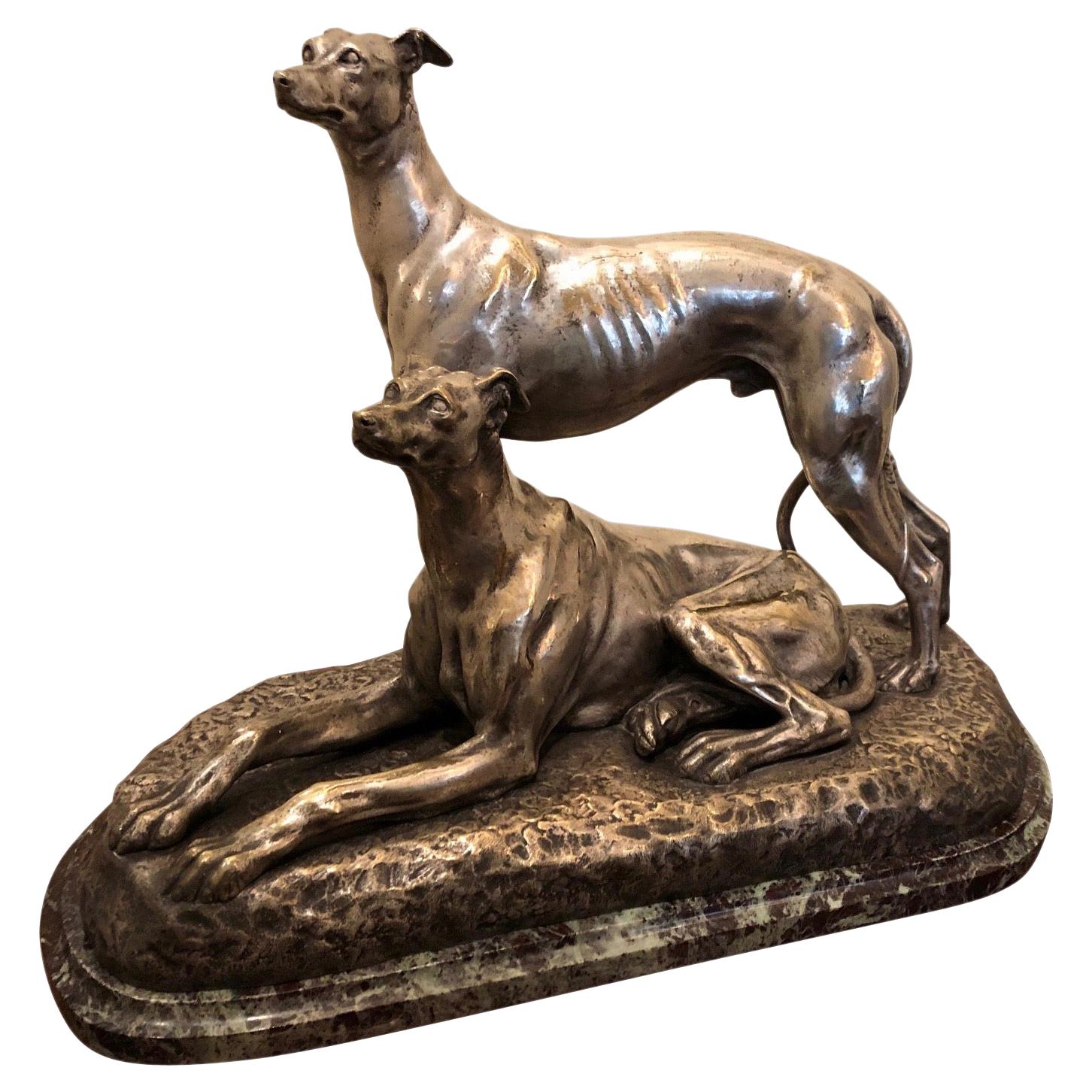 Art Deco Greyhound Dogs Bronze Sculpture by S. Bizard