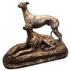 Vintage Art Deco Greyhound Dogs Bronze Sculpture by S. Bizard