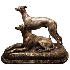 Vintage Art Deco Greyhound Dogs Bronze Sculpture Statue by S. Bizard