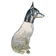 Art Deco Greyhound or Whippet Decanter Glass w/Silver Plate Head with Glass Eyes