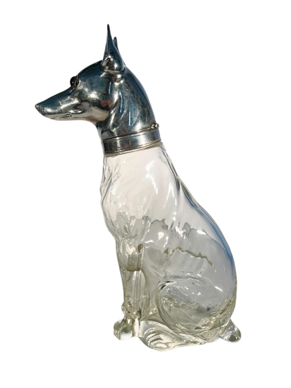 Austrian Art Deco Greyhound or Whippet Decanter Glass w/Silver Plate Head with Glass Eyes For Sale