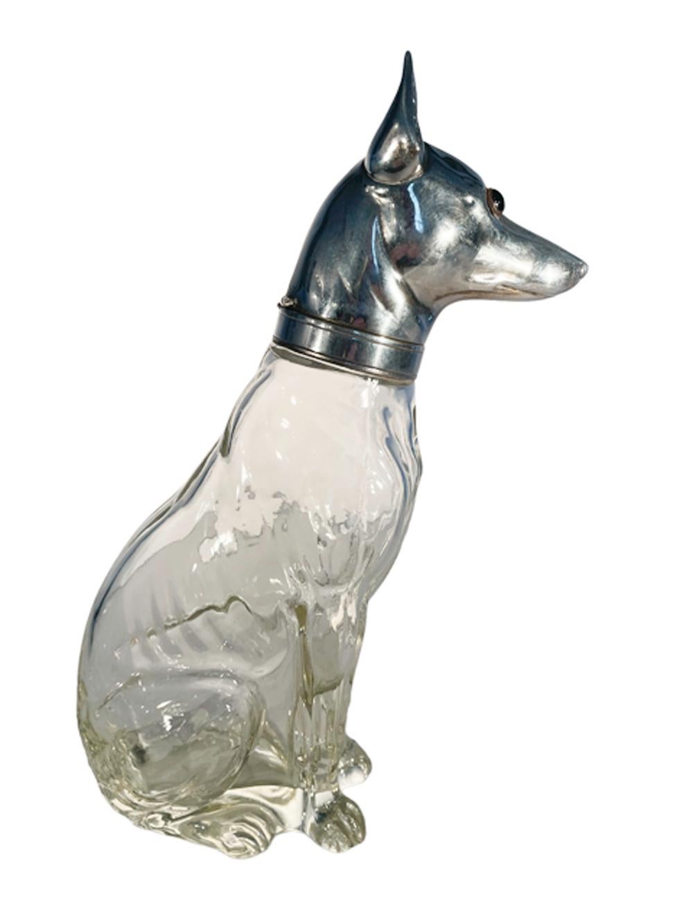 Art Deco Greyhound or Whippet Decanter Glass w/Silver Plate Head with Glass Eyes In Good Condition For Sale In Nantucket, MA