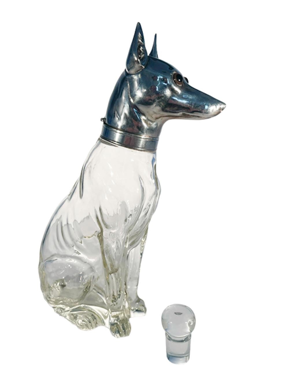 20th Century Art Deco Greyhound or Whippet Decanter Glass w/Silver Plate Head with Glass Eyes For Sale