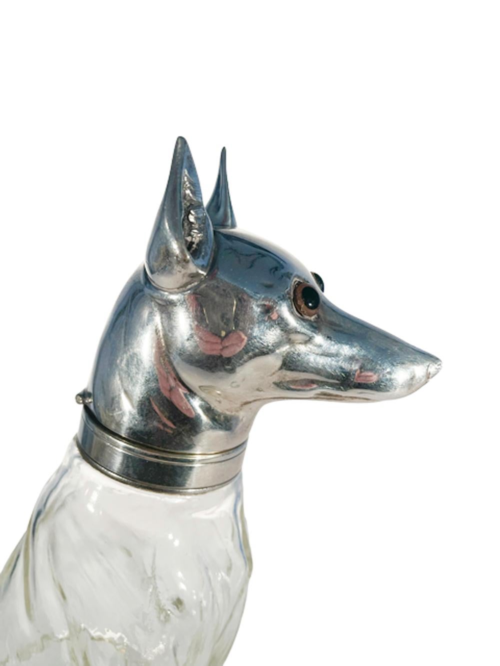 Art Deco Greyhound or Whippet Decanter Glass w/Silver Plate Head with Glass Eyes For Sale 1
