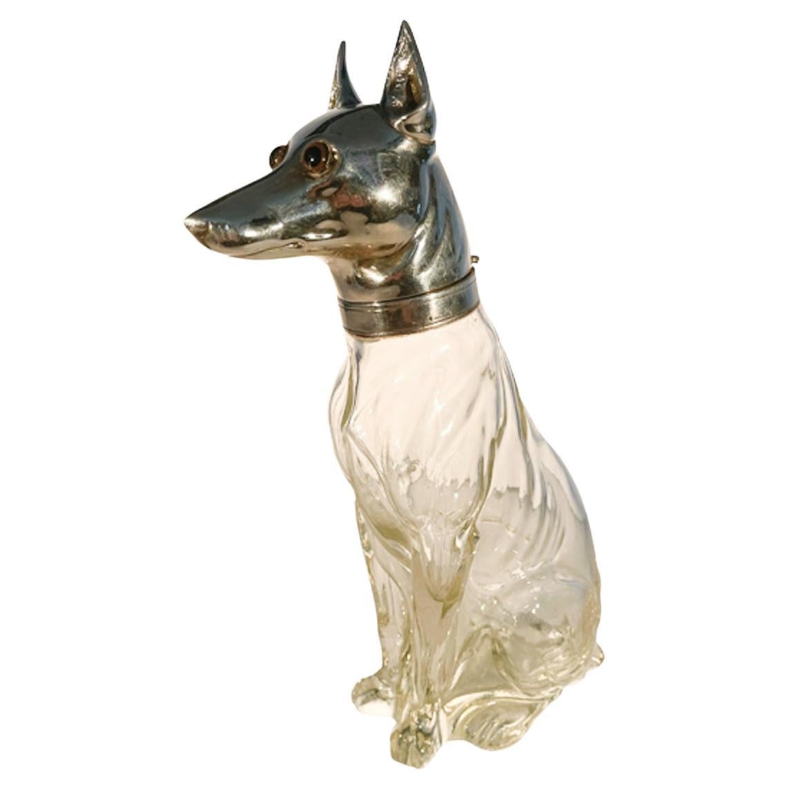 Art Deco Greyhound or Whippet Decanter Glass w/Silver Plate Head with Glass Eyes For Sale
