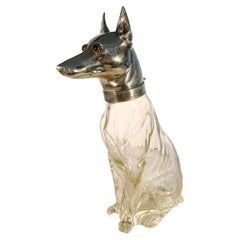 Art Deco Greyhound or Whippet Decanter Glass w/Silver Plate Head with Glass Eyes