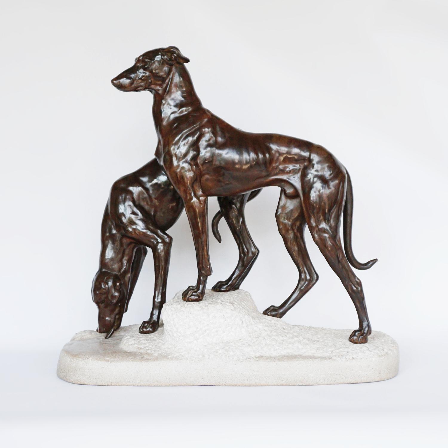 Art Deco Greyhounds on a Rocky Base by Jules-Edmund Masson French, Circa 1920 3