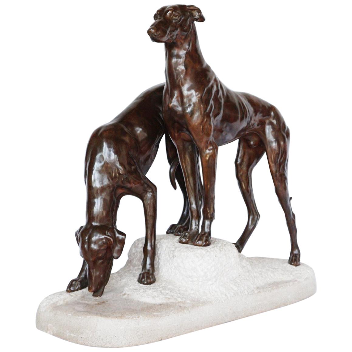 Art Deco Greyhounds on a Rocky Base by Jules-Edmund Masson French, Circa 1920