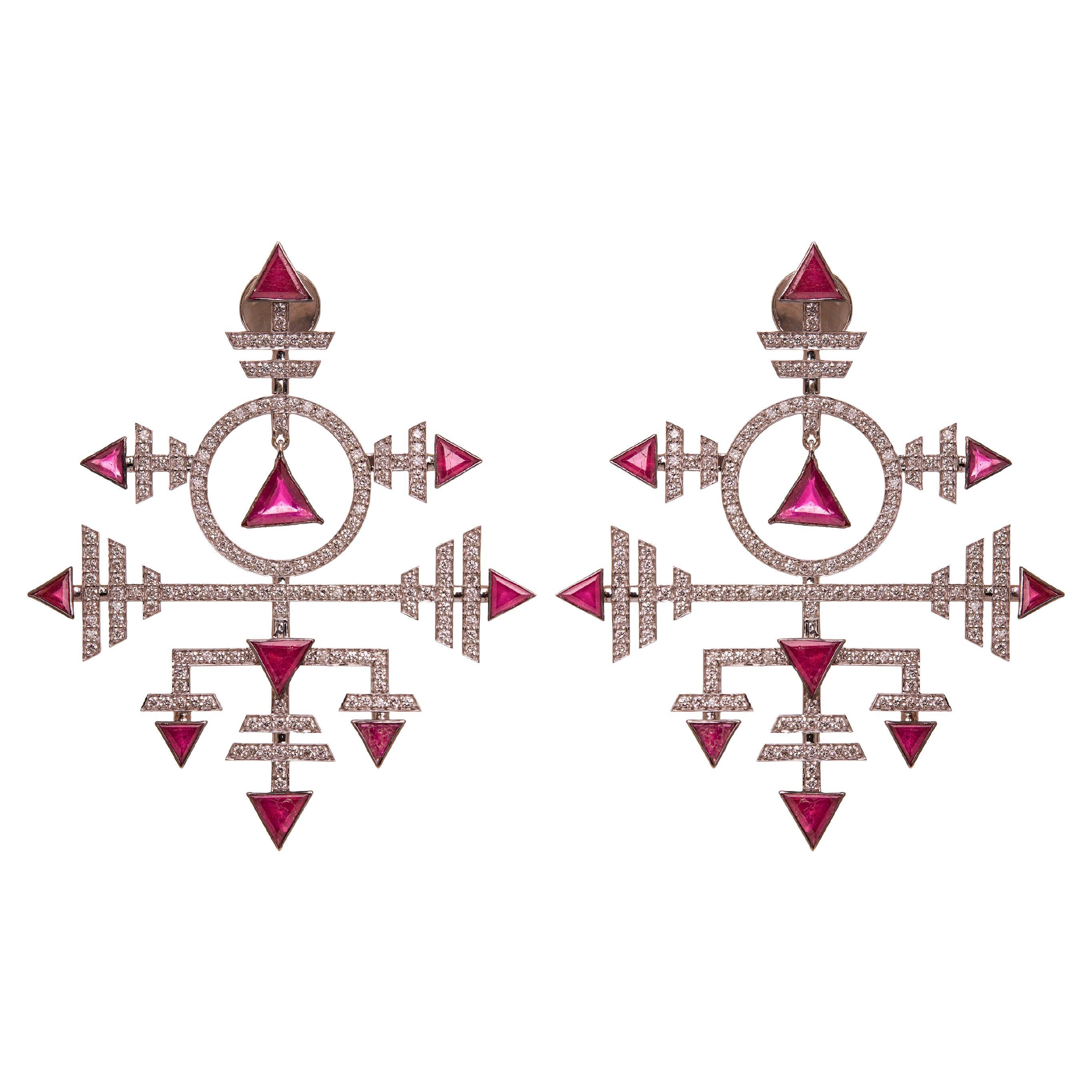 Boucles d'oreilles Art déco d'inspiration grille en or 18 carats, diamants et argent