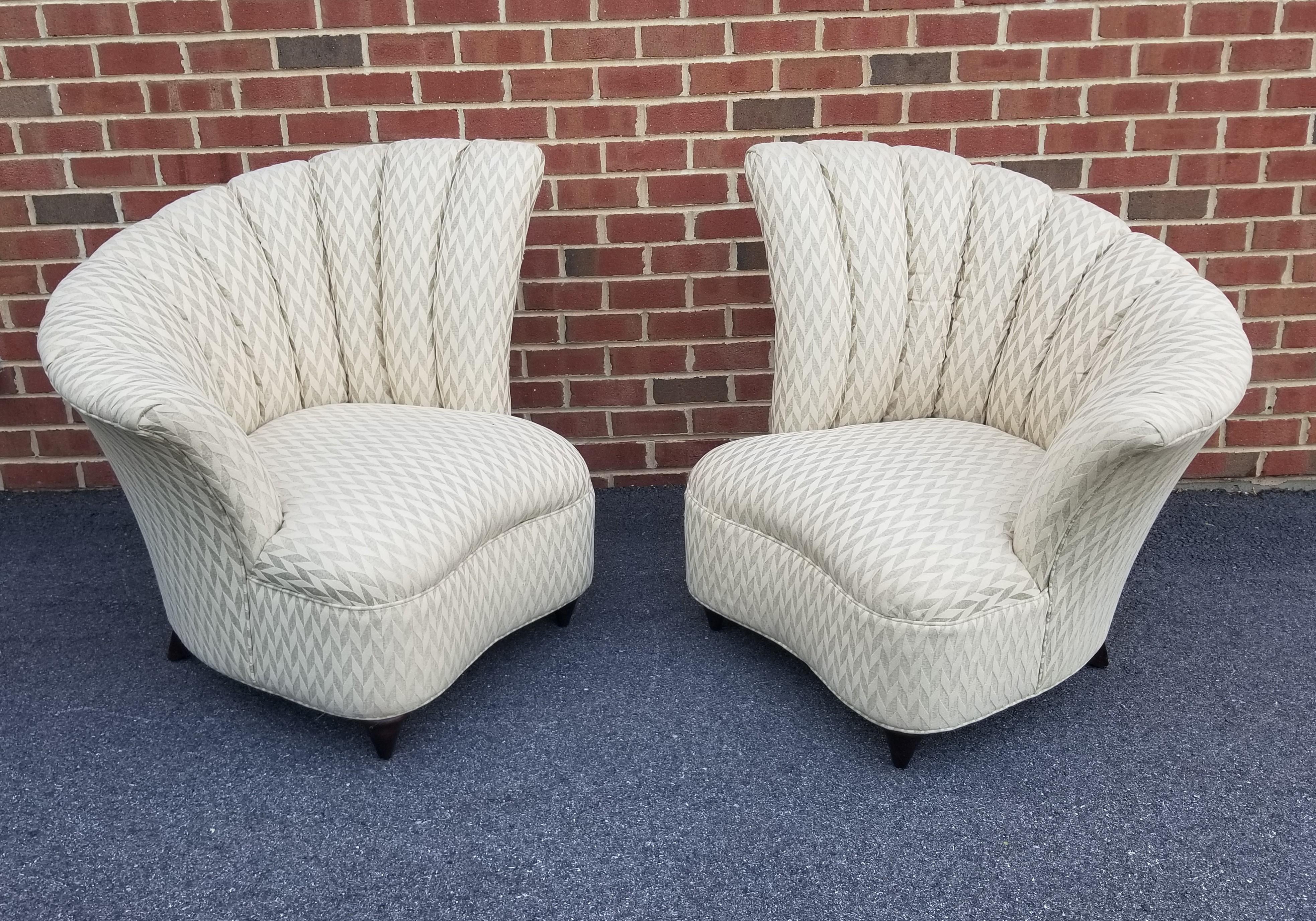 Art Deco Grosfeld House Channel / Fan Back Chairs. Iconic. Asymmetrical Design. Well made and very comfortable. Upholstery fabric is in decent condition however they are priced accordingly for buyer to reupholster. 

We offer complimentary local