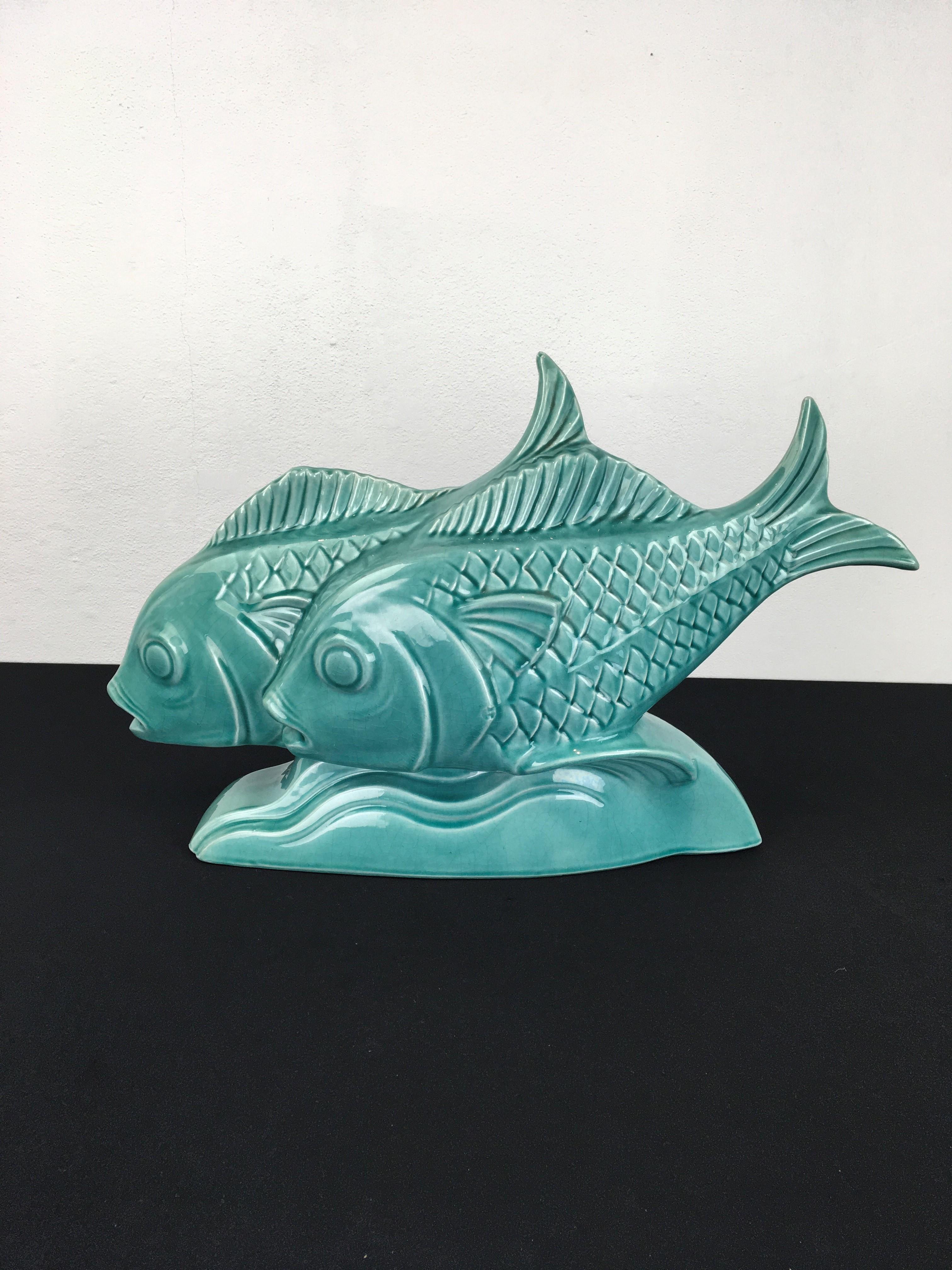 Art-déco-Fischgruppe aus Keramik-Kraquel, Frankreich im Angebot 8