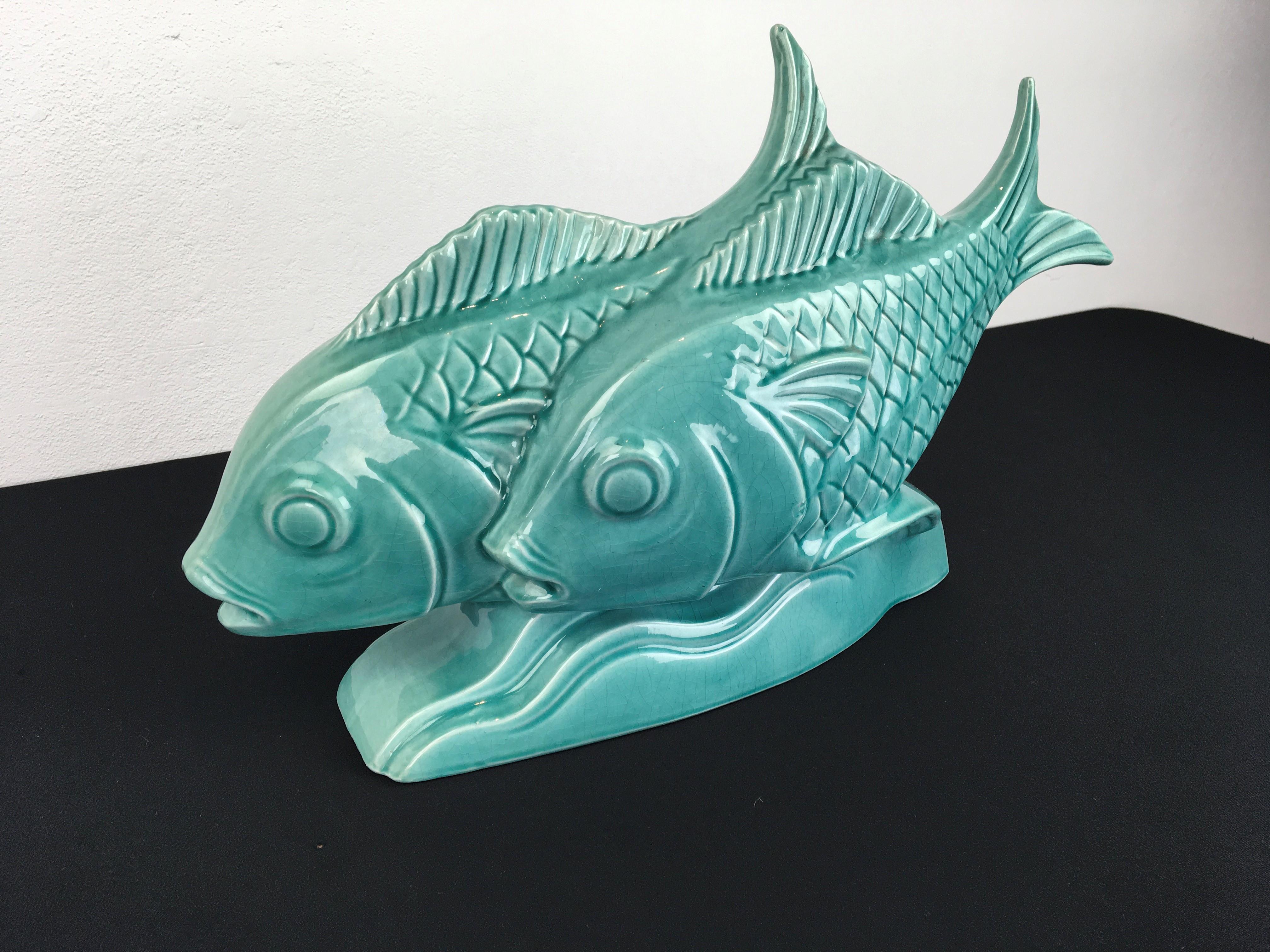 Art-déco-Fischgruppe aus Keramik-Kraquel, Frankreich (Art déco) im Angebot