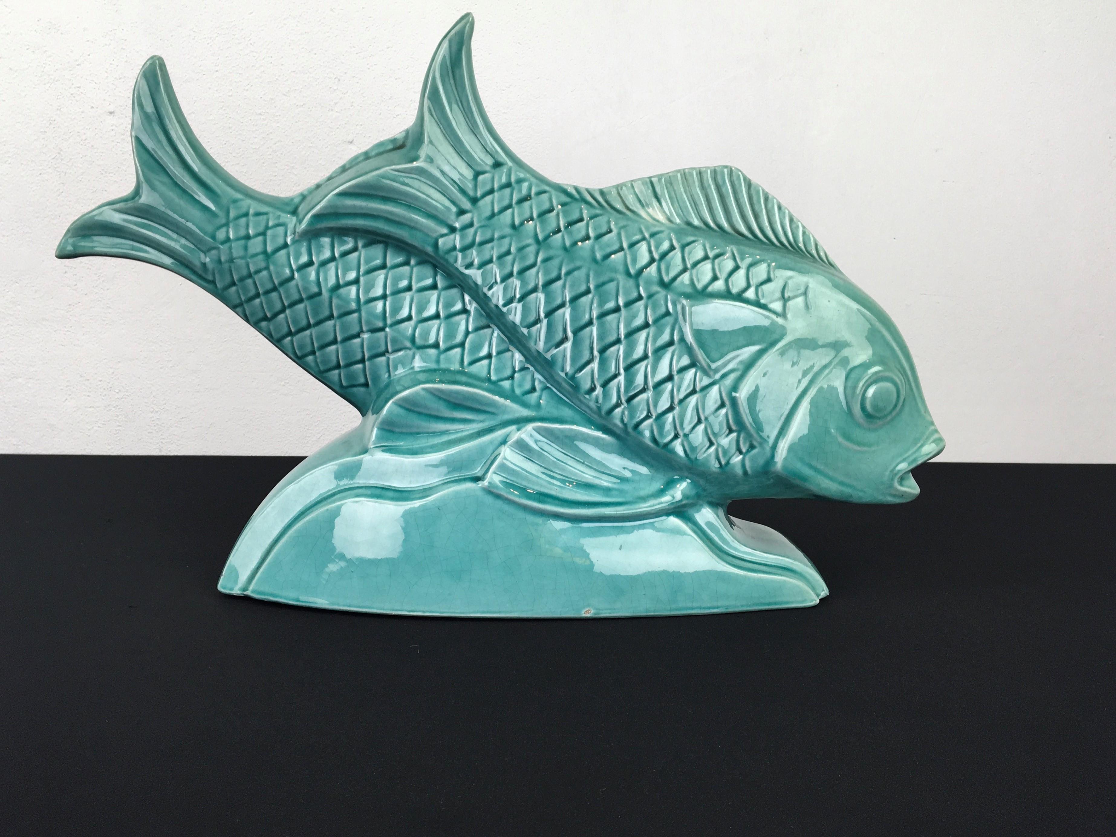 Art-déco-Fischgruppe aus Keramik-Kraquel, Frankreich im Zustand „Gut“ im Angebot in Antwerp, BE