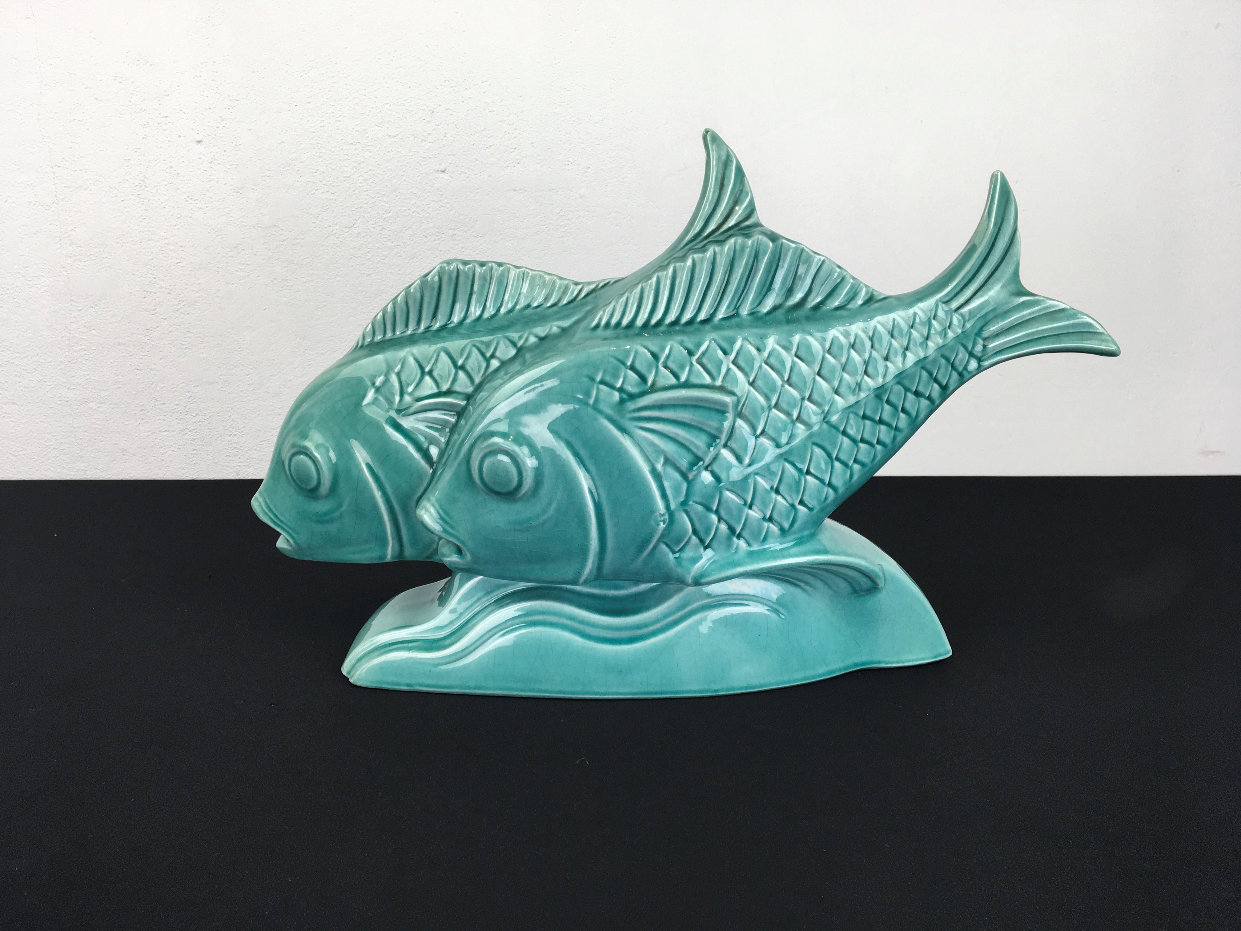 Français Groupe de poissons en céramique craquelée Art Déco, France en vente