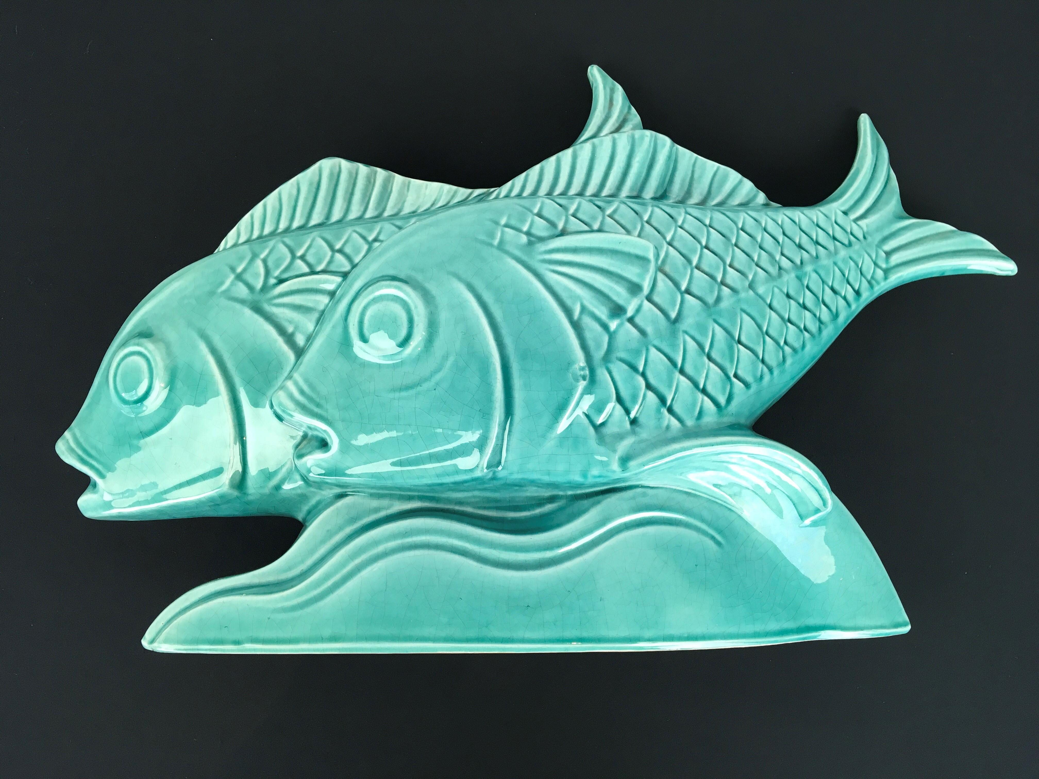 20ième siècle Groupe de poissons en céramique craquelée Art Déco, France en vente