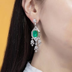Art Deco Style, GRS Colombian Emerald Earrings Diamond in 18KWYG